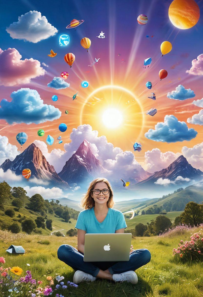 A person joyfully exploring an online world filled with colorful, floating icons representing various topics like travel, food, and technology, surrounded by ethereal light and whimsical elements. The scene radiates positivity and excitement, with a laptop glowing in the center, symbolizing effortless online searching. The background is a dreamy landscape with soft clouds and sun rays peeking through. vibrant colors. digital art. whimsical style.