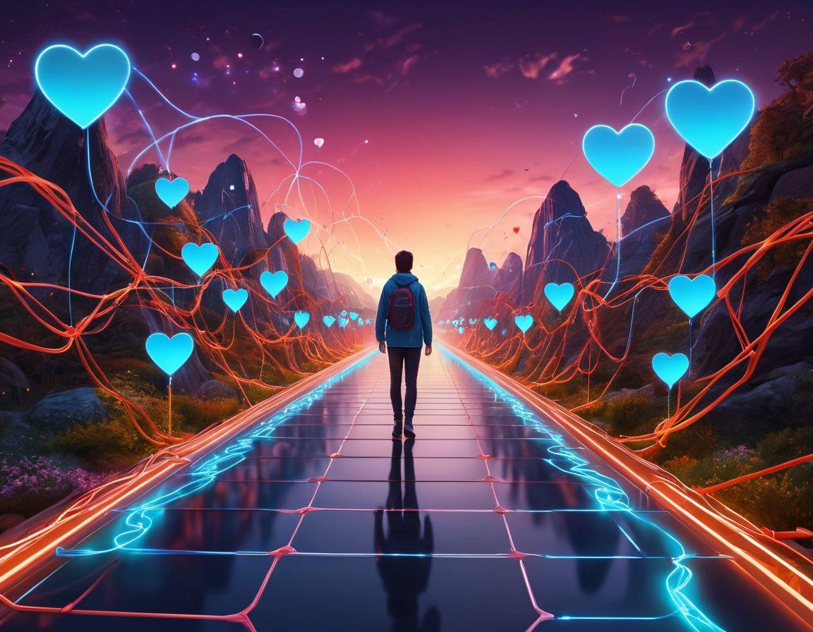 A futuristic digital landscape with a person peacefully navigating a bright, glowing network of interconnected pathways symbolizing the internet. Icons of search engines and positive symbols like thumbs up and hearts float around to represent costless searching. The atmosphere is inviting, featuring vibrant colors and soft, flowing lines that embody ease and positivity. The scene captures the essence of smooth internet navigation, conveying tranquility and clarity. super-realistic. vibrant colors.