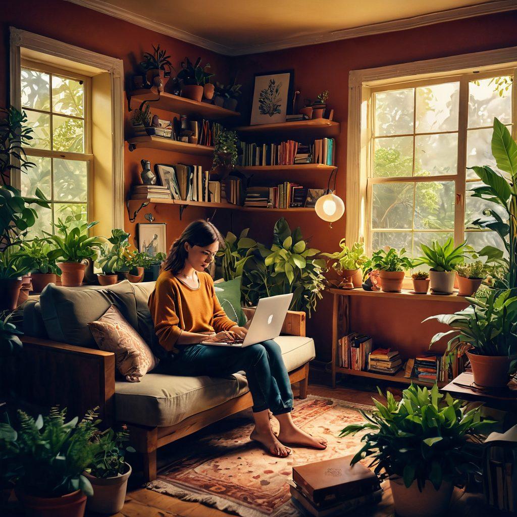 A person sitting comfortably in a cozy, well-lit room filled with plants, exploring a vibrant world on a laptop, surrounded by whimsical illustrations of online adventures like treasure maps and flying books, showcasing ease and enjoyment in browsing. super-realistic. vibrant colors. soft lighting.